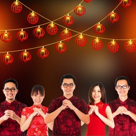 Blosssound 2 Pcs Chinese New Year LED String Light Decor 20 ft 40 LED Chinese Lunar Lantern Fu Window Lights Battery Operated for 2026 Spring Festival Wedding Party Indoor Outdoor Decorations Supplies