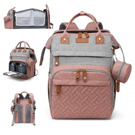 AHNTTGS Baby Diaper Bags with Changing Station, Large Capacity Diaper Bag Backpack for Moms Dads with USB Charging Port,Travel Baby Bag with Pacifier Case & Stroller Straps(Up-PinkGrey)