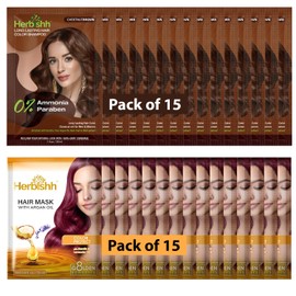 Herbishh Travel Pack Hair Dye Color Shampoo + 15pc Argan Hair Mask Sachet (Chestnut Brown, 15 Sachets)