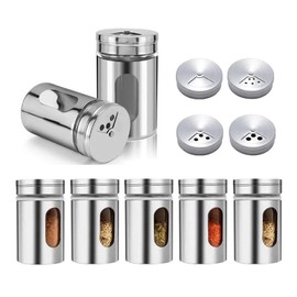 NIYATA Pack of 7 Spice Shakers, Stainless Steel, Round Spice Jars, 8 cm High, 3 Scattering Sizes, with 1 Sponge Cleaning Brush, Kitchen Organiser, for Spices and Herb Jars (Silver)