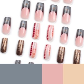 Square Press on Nails Long Fake Nails French Tip False Nails with 3D Water Wave Design Glue on Nails Brown Full Cover Acrylic Nails Glossy Stick on Nails Y2k Artificial Nails for Women Manicure 24Pcs