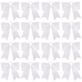 16PCS 8" Large Cheer Hair Bows Ponytail Holder Elastic Band Handmade for Cheerleading Teen Girls College Sports (White - Big Bows, 1 Count (Pack of 16))