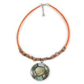 Avalaya Orange Glass Bead Wire Necklace with Shell & Mother of Pearl Medallion In Silver Tone - 50cm L/ 5cm Ext