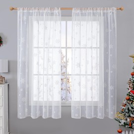 BGment Christmas Sheer Curtains 63 Inches Long 2 Panels Set, Snowflake Linen Look White Curtains for Living Room Bedroom Rod Pocket Window Drapes Xmas Holiday Decor, Each Winter Panel 52 x 63 Inch