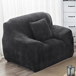 vctops 1-Piece Velvet Plush Stretch Chair Sofa Slipcover Soft Fuzzy Fluffy Armchair Covers Non-Slip Furniture Protector with Elastic Bottom for Kids, Pet (Black,Chair)