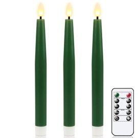 KunSwenn Christmas Green Flameless Taper Candles with Remote, Real Wax LED Taper Candles Battery Operated with 3D Wick, 3 Pcs Flameless Candlesticks for Christmas Home Decor(0.78” x 9.65”)