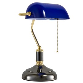 Yeefamons Traditional Bankers Lamp, Handmade Emerald Blue Glass Shade,with Pull Chain Switch Plug in Fixture,Vintage Office Table Light, Antique Style Desk Lamps for Office, Library