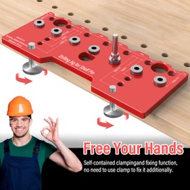 KIKETECH Shelf Pin Jig - Hinge Jig, 2 in 1 Aluminum Alloy Shelf Pin Drilling Jig 1/4 Inch, Self-Contained Clamping Function All Metal, Cabinet Hardware Jig Tool Drill Guide with Drill Bits, RoseRed