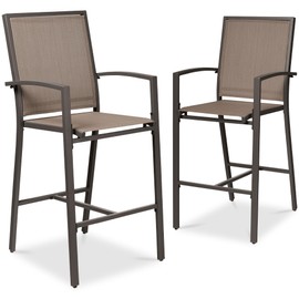 Best Choice Products Outdoor Bar Stools Set of 2, Bar Height, Patio Furniture, All Weather Mesh Design w/Armrest - Brown/Brown