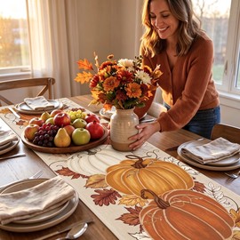 Autumn Harvest Pumpkin Table Runner – Decorative Rectangular Dining Table Runner for Thanksgiving Decor