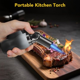 TBTeek Torch Lighter, Portable Kitchen Torch with 45° Rotatable Head and Adjustable Flame, Refillable Butane Torch Lighter for Soldering, Cooking, BBQ, Fireplaces, White-Black (Gas Not Included)