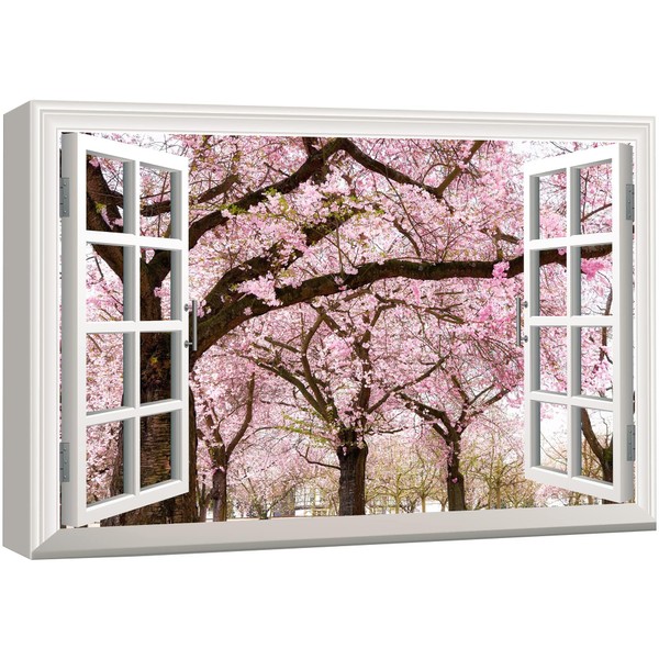 wall26 Canvas Print Wall Art Window View Cherry Blossoms in