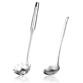 18/8 Stainless Steel Spaghetti Server Set, 13" Spaghetti Spoon and 10" Gravy Ladle, Pasta Server Fork with teeth, Spaghetti Server for Cooking, Dishwasher Safe