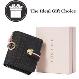 FOXLOVER Genuine Leather Zip Small Wallet Women RFID Blocking Credit Card Bifold Wallet Business Card Holder with ID Window(Black)