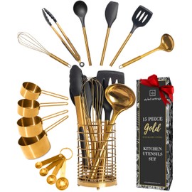Styled Settings Black and Gold Kitchen Utensils Set - 15-Piece Nonstick BPA-Free Silicone Cooking Tools with Measuring Cups and Spoons - Luxury Kitchen Accessories for Stylish Cooking and Baking