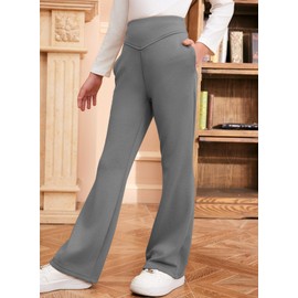 blibean Teen Girls Flare Pants Big Kid Fall Bell Bottom Leggings Solid Casual School Uniform Elastic High Waist Pant Spring Formal Wide Leg Legging with Pockets Size 6-7 Year Old Grey