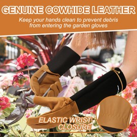 HLDD HANDLANDY Long Sleeve Leather Gardening Gloves,Rose Pruning Floral Gauntlet Garden Gloves For Women and Men (Black-Brown, Large)