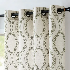 jinchan Boho Linen Blend Curtains Beige Farmhouse Curtains 84 Inches Long Green Embroidered Leaf Living Room Ogee Geometry Drapes Light Filtering Grommet Country Drapes 2 Panels Green on Flax