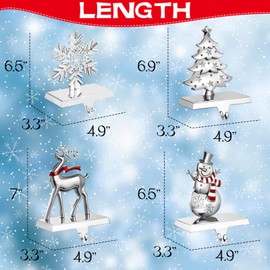 GUOER 4 Pack Snowflake Christmas Stocking Holder Set for Mantle Christmas Decorations Holiday Mantle Fireplace Topper - Snowflake Snowman Reindeer and Christmas Tree Hangers Decorative Metal Hanger