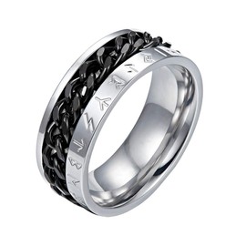 Mens Viking Rune Ring Black Stainless Steel Rotatable Ring Cuban Link Curb Band Ring Amulet Viking Jewelry Size 7