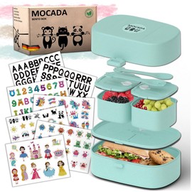MOCADA® Bento Box für Kinder inkl. 216-teilige Sticker Set – BPA Frei – Auslaufsichere Lunchbox mit Besteck & Fächern – Nachhaltige schadstofffreie Brotdose für Kindergarten, Schule & unterwegs (Blau)