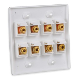 Speaker Wall Plate with 8 Banana Binding Posts, HTTX [2-Gang] White Gold-Plated Female Speaker Wire Socket Connector for Wallplate with Black & Red Rings
