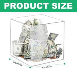 Vmxlso Clear Money Box, 12 x 12 x 12 cm Clear Piggy Bank, Acrylic Money Box for Adults Kids, Break to Open Money Box for Budget and Save, Coin and Cash, Square, Transparent