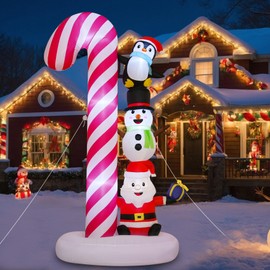 HYRIXDIRECT 8 FT Christmas Inflatable Decorations Candy Cane with Santa Claus Snowman Penguin Christmas Inflatables with Led Lights for Holiday Yard Decor Xmas Indoor Outdoor Yard Decorations