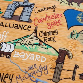 Totally Bamboo Nebraska State Shaped Cutting Board and Charcuterie Serving Platter with Artwork by Fish Kiss, Includes Hang Tie for Wall Display