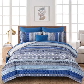 WONGS BEDDING Bohemian Double Duvet Cover Set Royal Blue Colorful Boho Striped Bedding Set with 2 Pillowcases Soft Microfiber Moroccan Quilt Cover 200x200cm