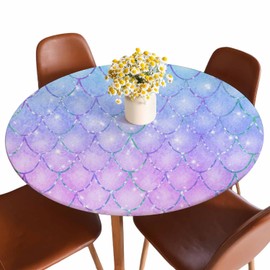 Guxxuil Mermaid Scales Round Fitted Tablecloth Pink Blue Glitters Line Watercolor Fish Scales Sea Elastic Edge Tablecloth Waterproof Oilcloth Table Cover for 40"-44"