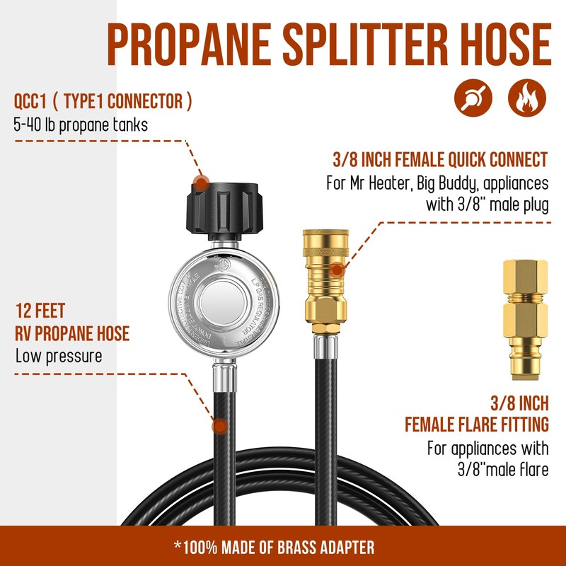 12FT Propane Hose with Regulator, 3/8" inch Quick Connect Disconnect