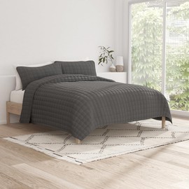 Linen Market Quilt Coverlet Set All Season Microfiber Contemporary Ultra Soft Bedding in Square Stitch - Full/Queen Square Stitch Gray