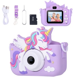 Envyvip Unicorn Toys Cámara para niños y niñas de 3 a 8 años, cámara digital para niños pequeños, regalos de Navidad y cumpleaños para niñas de 3, 4, 5, 6, 7, 8 años, bonita cámara de video selfie, HD 1080P, tarjeta SD de 32 GB, color morado