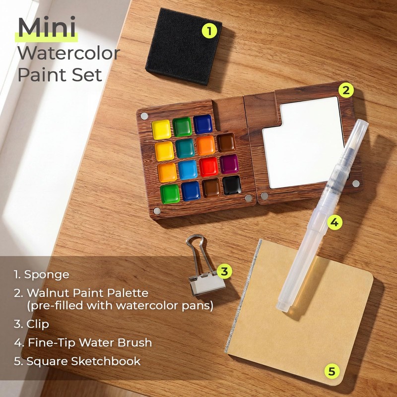 Zrpot Mini Watercolor Travel Set, 15 Color Pocket Watercolor Paint