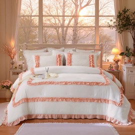 Bedorm White Pink Comforter Set Lace Ruffle Bedding King Pleated Fringe Ruffled Comforter Women Girls Romantic Country Bedding Comforter for All Season