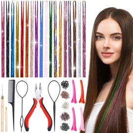 3200 Hair Tinsel Kit, 18 Colours Hair Tinsel with Tool and Accessories, 48 Inch Glitter Strands for Hair Tinsel, Sparkle Tinsel Hair Extensions for Women, Girls, Children, Hair Accessories, Cosplay