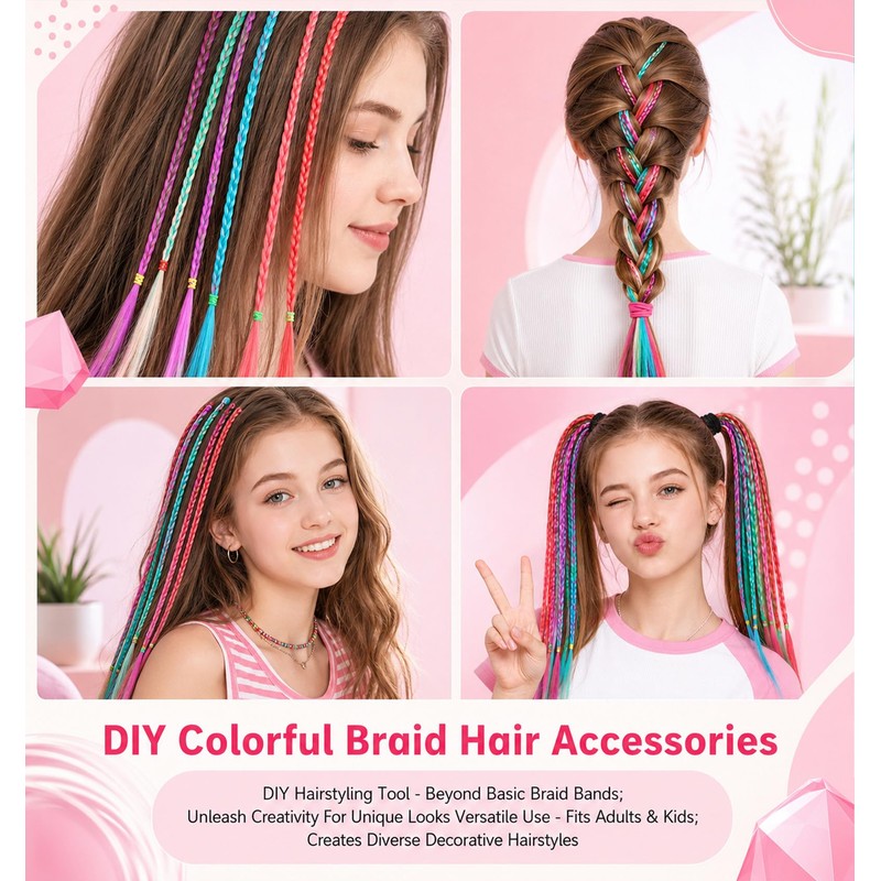 6PCS Colored Hair Extensions for Kids, Gradient Rainbow Braid Ponytail