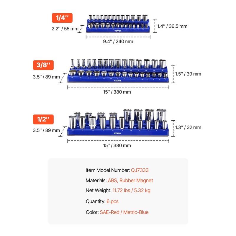 VEVOR Magnetic Socket Organizer Set, 6PCS Socket Holder, 1/4'', 3/8''