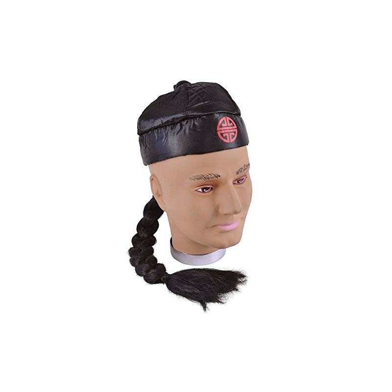 Black Chinese Hat with Pigtail - 1 Pc, Oriental Design