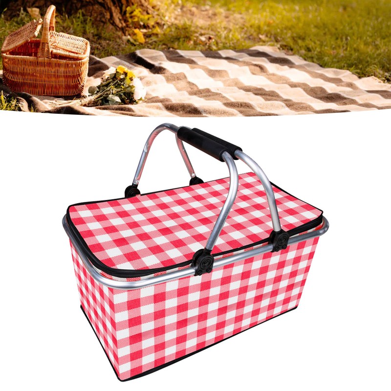 Picnic Basket Foldable Oxford Cloth Insulated Storage Basket with Check