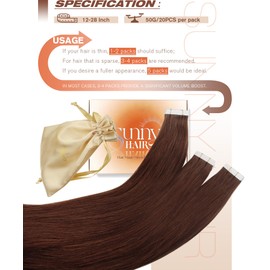 Sunny Hair Tape in Hair Extensions Human Hair Invisible Tape in Hair Extensions Straight Tape in Extensions Hair Extensions for Women 20Pcs 16inch Auburn Brown