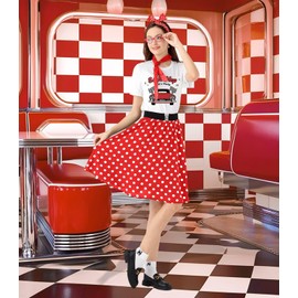 VillbeCoser 10 Pcs Sock Hop Outfits Women, 1950s Poodle Skirts, T-Shirt with 50s Accessories Socks Scarf Headband Belt Earring (RedDots-L)