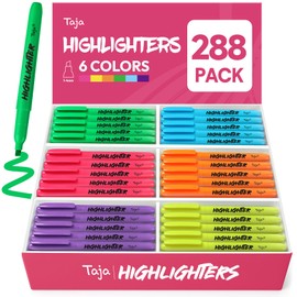 Taja 288 Pack Highlighters Bulk Assorted Bright Colors, 6 Colors Chisel Tip Highlighters Markers Set with No Bleed Ink, Perfect for School & Office Supplies