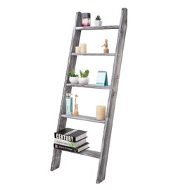 Rustic 5-Tier Wall-Leaning Wood Loadder Towel Racks for Bathroom Livingroom Kithen Office Woden Farmhouse Ladder-Style Blanket Rack Multipurpose Organizer Rack for Home (Grey)