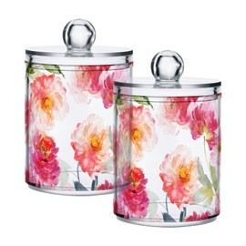 ALAZA Pink Floral Bathroom Canister Set of 2 Qtip Holder Clear Plastic Jars Holder Dispense Bathroom Organizer Storage Jars with Lids Home Decor