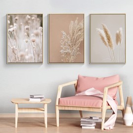 LPFNSF Modern Flowers Canvas Painting Set of 3 Plant Wall Pictures Boho Beige Natural Pampas Grass Pictures, No Frame (20 x 30 cm x 3)