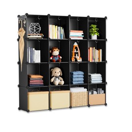 Whitmor 16 Cube Closet Organizers and Storage, Stackable Plastic Closet Shelves with Hooks & Mallet, DIY Clothes Organizer, Cube Bookshelf, Portable Storage Organizer for Bedroom, Home, Office, Black