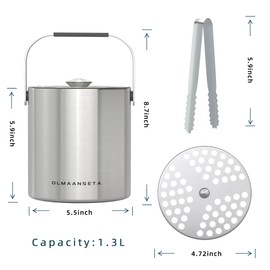 Olmaanseta Small Ice Bucket with Lid and Tongs,1.3L Portable Mini Double Walled Ice Cube Bucket for Cocktail Bar Stainless Steel Cute Insulated Ice Buckets for Parties
