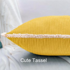 HWY 50 Yellow Decorative Throw Pillow Covers Set Cushion Cases with Tassels Fringe 18x18 Inch, Chenille Soft Accent Farmhouse Pillowcase for Sofa Bed Living Room Couch Pack of 2